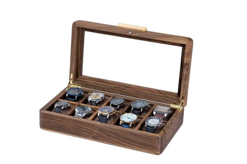 Walnut display case with glass lid
