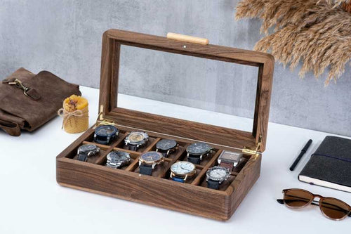 Walnut display case, lid open