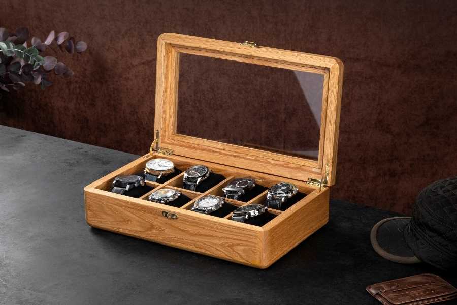 Chestnut display case, lid open